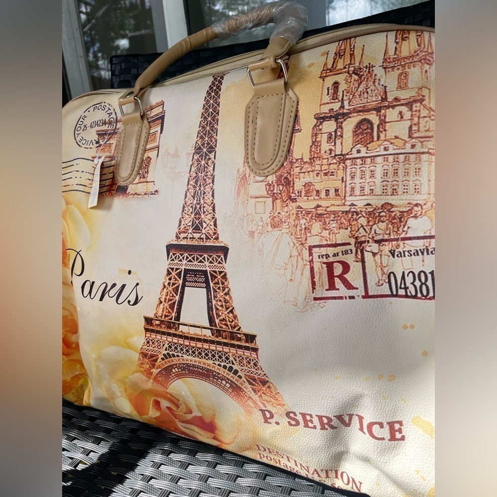 Women’s Bag,Paris Print Women's Bag - Tan and Cream,travel Bag, - Picture 7 of 11